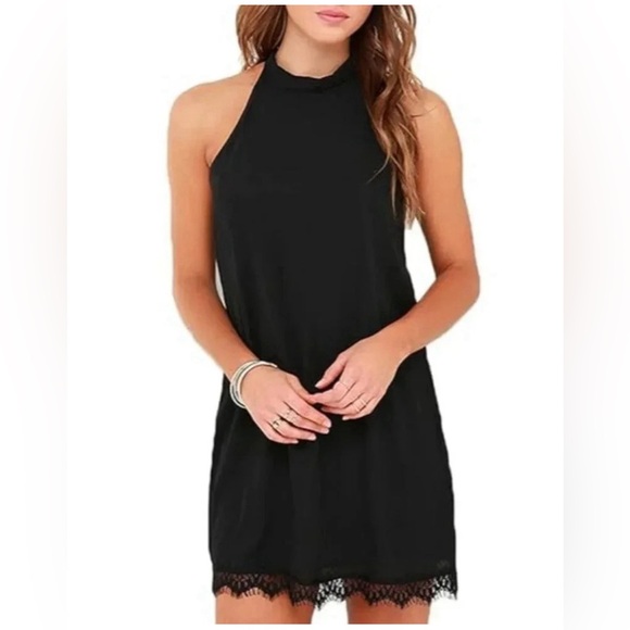 Lulus Small Black Slip Dress Lace Hem Halter Neck Romantic Coquette - Picture 1 of 8